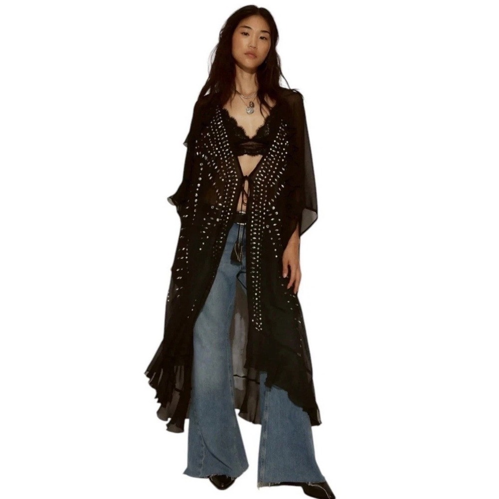 NWT Free People Kimono Womens OS Black So Billie Studded Rhinestone Duster Maxi